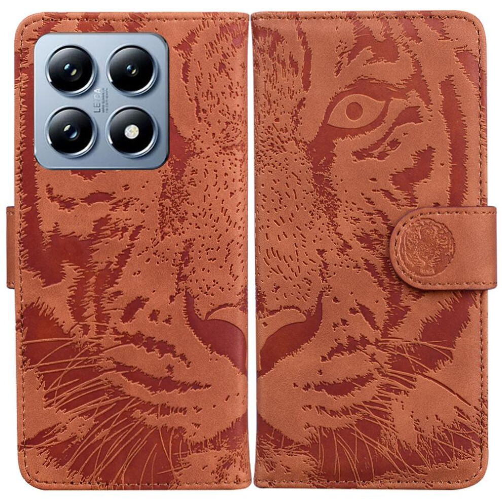 (Brown) Flip Case For Xiaomi 14T 5G Kickstand Protective Leather Wallet Embossed Cute Tiger Brown 764563460328