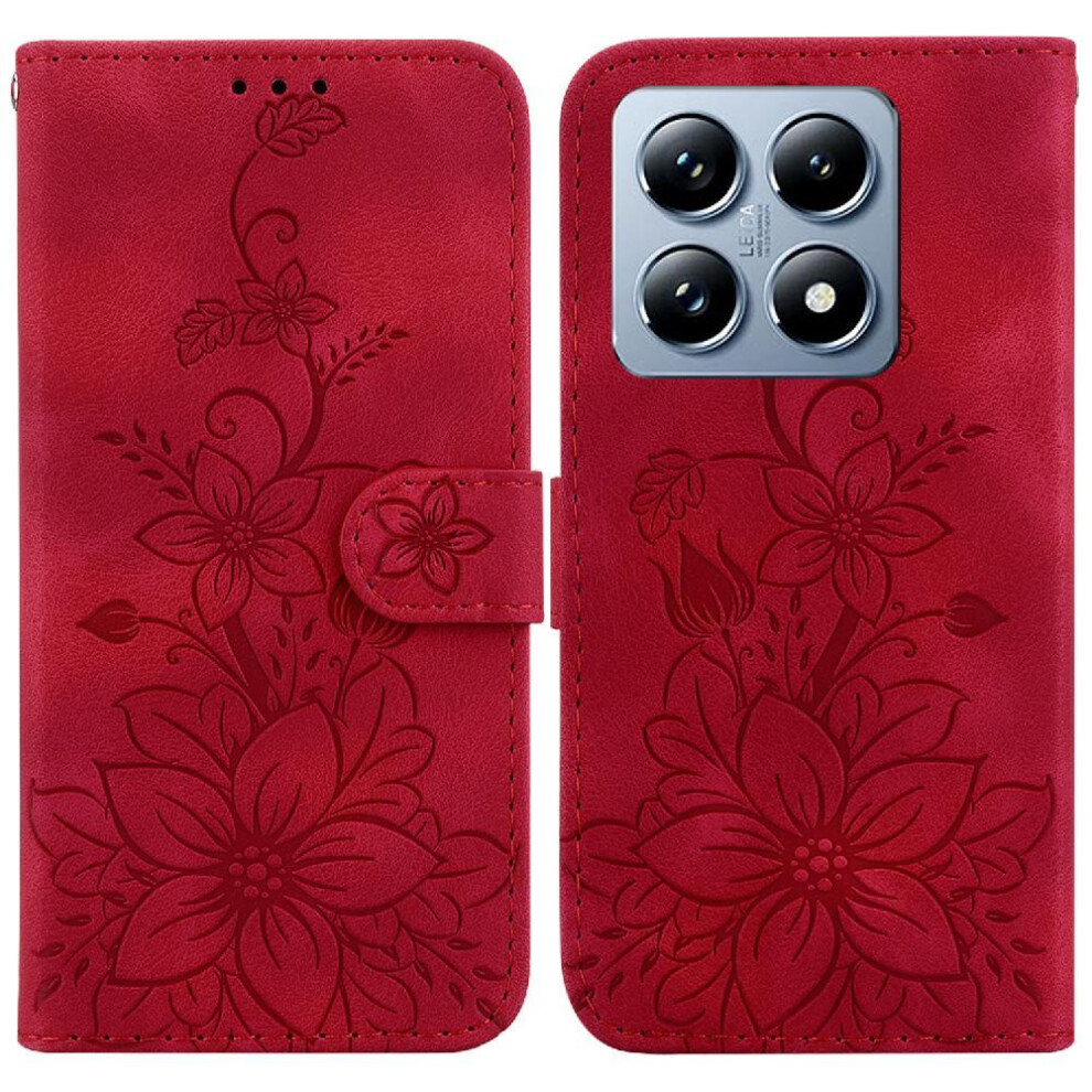 (Red) Flip Case For Xiaomi 14T 5G Magnetic Embossed Lily Kickstand Card Holder Wallet Red 764563460441