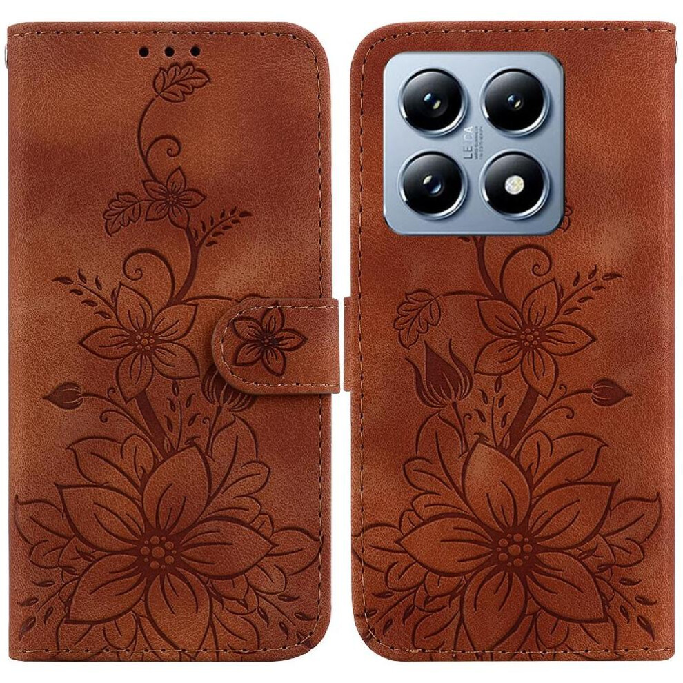 (Brown) Flip Case For Xiaomi 14T 5G Magnetic Embossed Lily Kickstand Card Holder Wallet Brown 764563460410