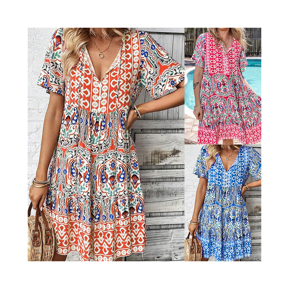 (Orange, 20) Boho Women Summer V-Neck Loose Holiday Beach Short Sleeve Floral Dress Plus Size-image-OPC-PH5QJR8-NEW