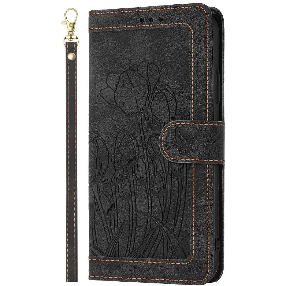 (Black) Wallet Case For Xiaomi 14T Pro Tulip Embossed Flip Case Pu Leather Magnetic Closure Kickstand Wrist Strap Black 764563462681