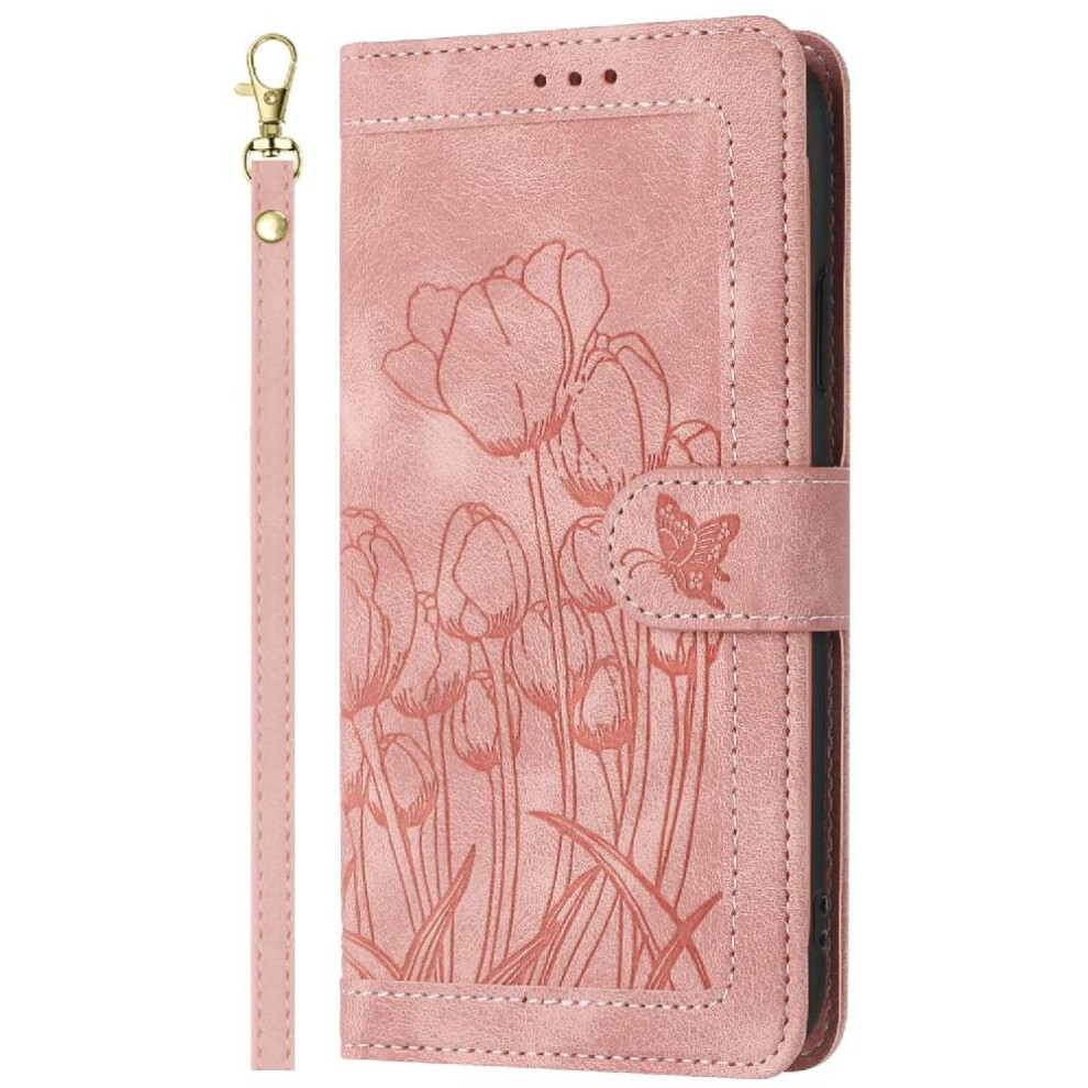 (Pink) Wallet Case For Xiaomi 14T Wrist Strap Kickstand Magnetic Closure Pu Leather Tulip Embossed Flip Case Pink 764563462698