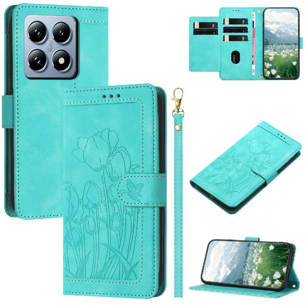 (Green) Wallet Case For Xiaomi 14T Wrist Strap Kickstand Magnetic Closure Pu Leather Tulip Embossed Flip Case Green 764563462704