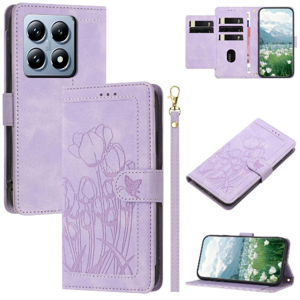 ( Violet) Wallet Case For Xiaomi 14T Wrist Strap Kickstand Magnetic Closure Pu Leather Tulip Embossed Flip Case Light 764563462711