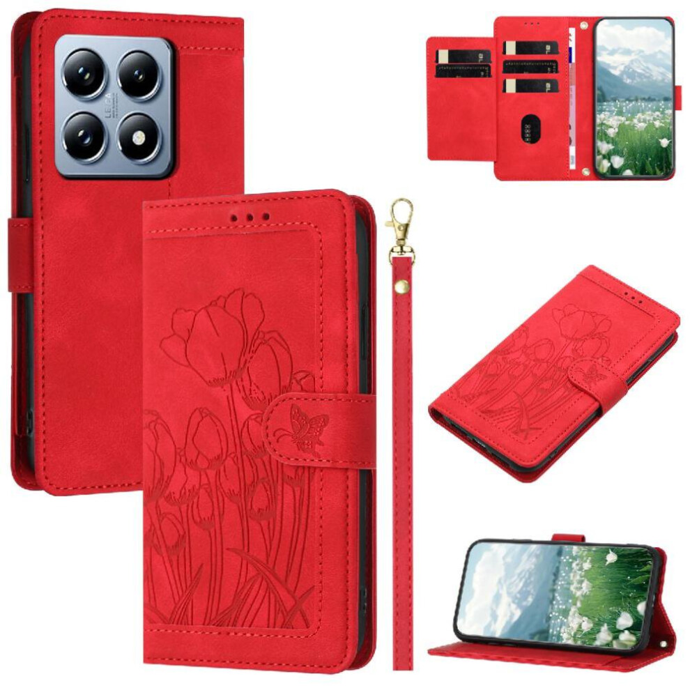 (Red) Wallet Case For Xiaomi 14T Wrist Strap Kickstand Magnetic Closure Pu Leather Tulip Embossed Flip Case Red 764563462728