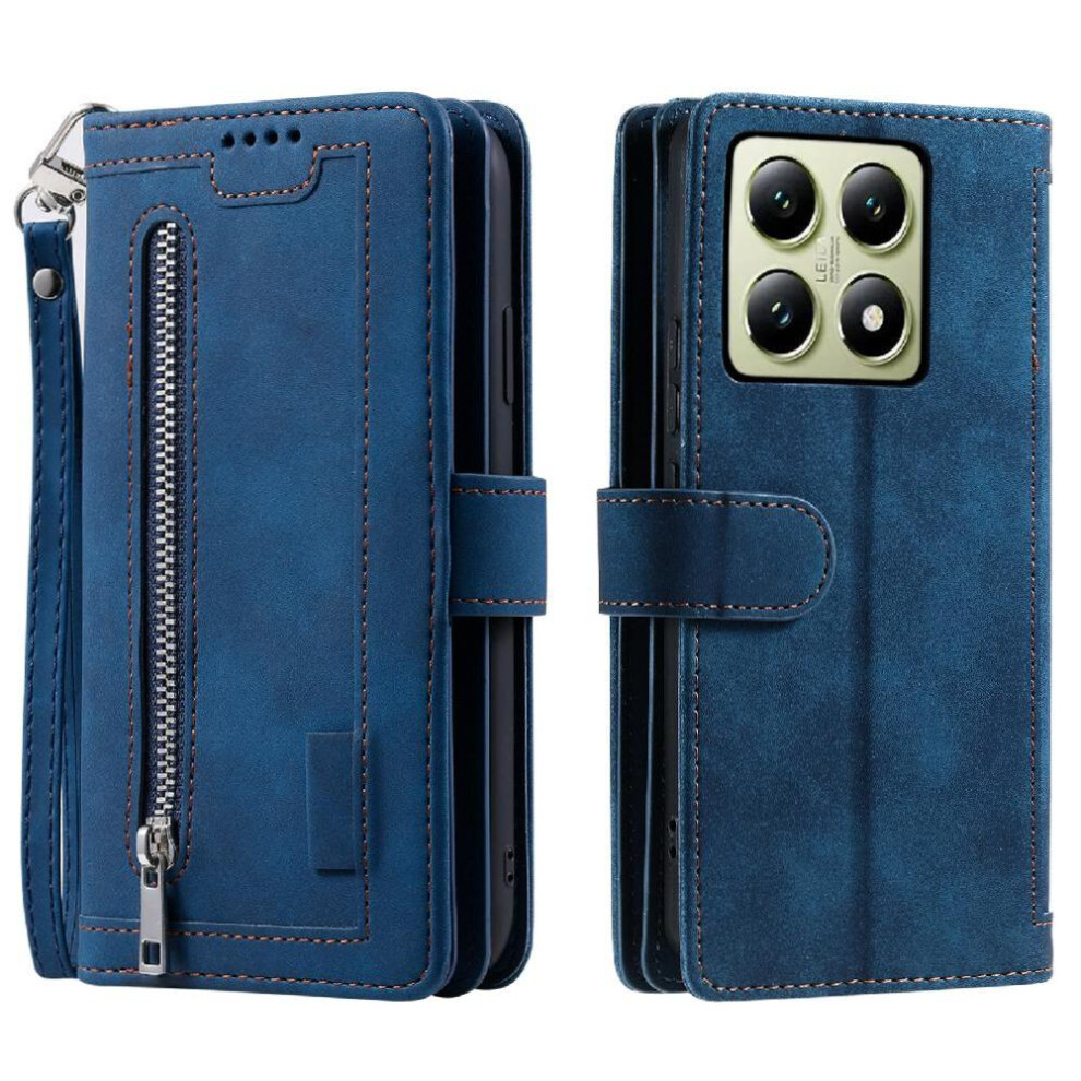 (Blue) Flip Case For Xiaomi 14T 5G Kickstand Pu Leather Lanyard Wallet 9 Card Slots Blue 764563463879
