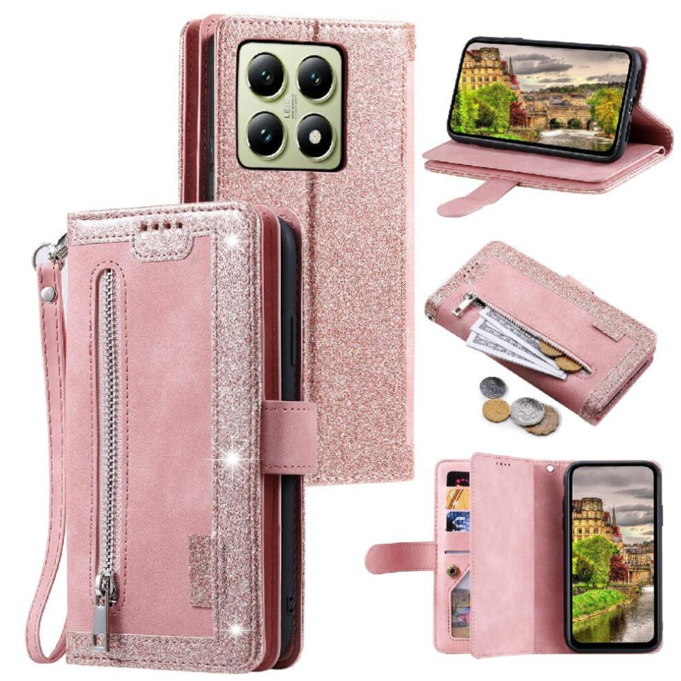 (Pink) Flip Case For Xiaomi 14T 5G Kickstand Pu Leather Lanyard Wallet 9 Card Slots Pink 764563463893