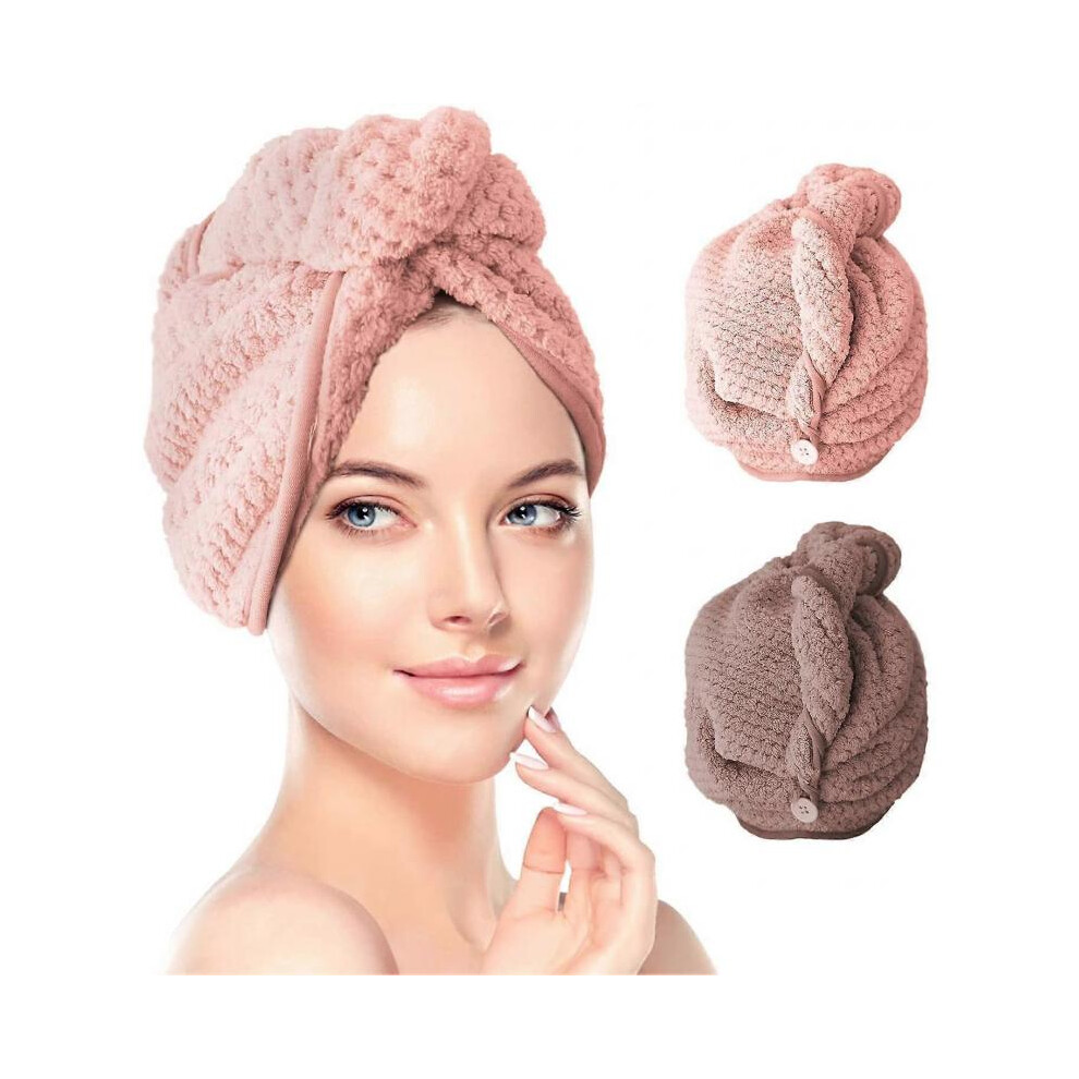 Microfiber Hair Towel Wrap, 2 Pack Hair Turban Towel Super Absorbent Twist Turban Dry Hair Caps(Pink&Brown )