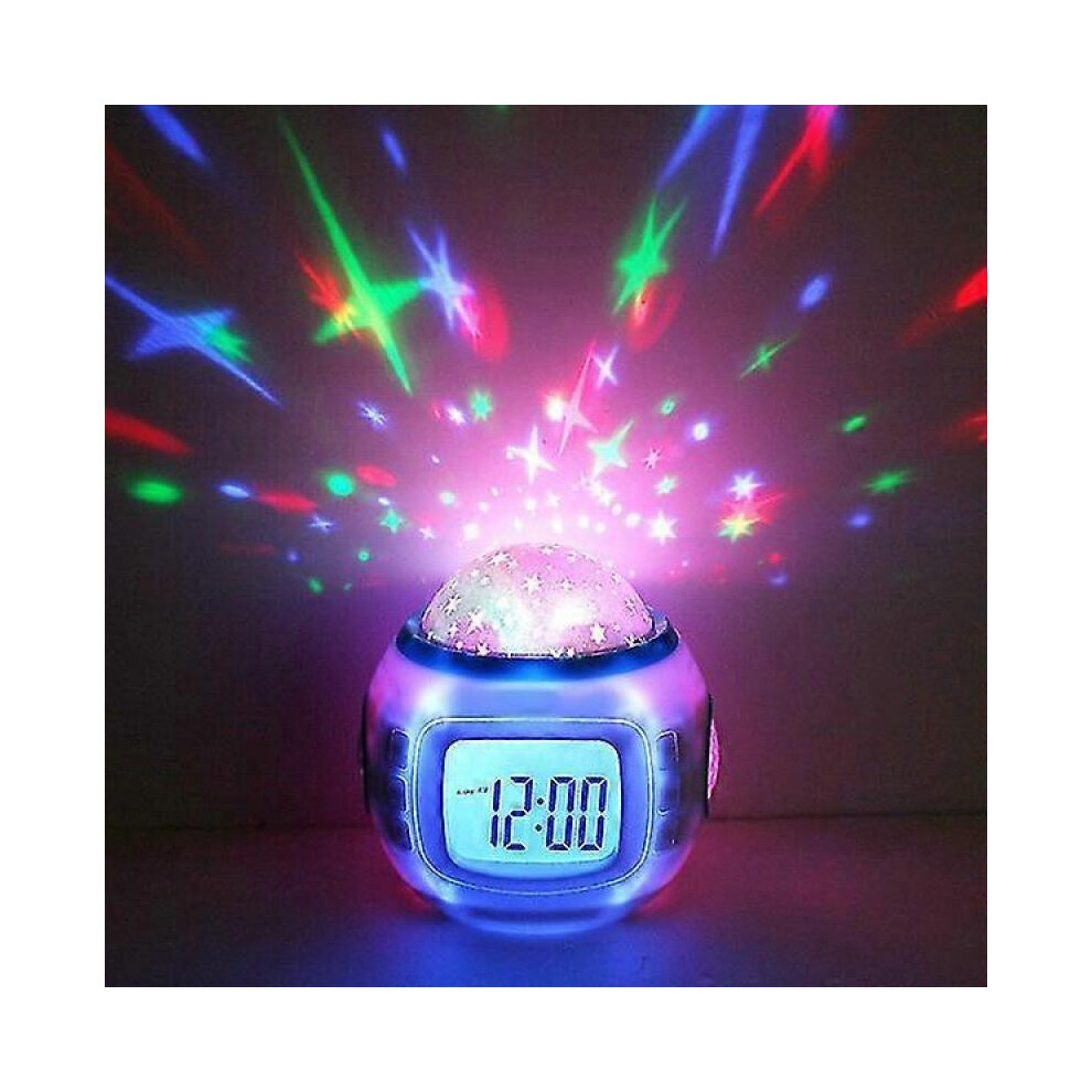 Children's Alarm Clock, Night Music Night Alarm Clock With Temperature And Date Display Starry Ceiling Projector Light
