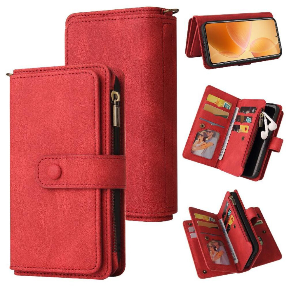 (Red) Wallet Phone Case For Xiaomi 14T Pro Fifteen Card Slots Zipper Poket With Card Slot Stand Pu Leather Magnetic Closure Red 764563464777