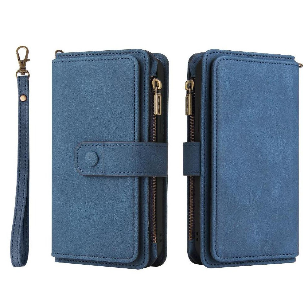 (Blue) Wallet Phone Case For Xiaomi 14T Fifteen Card Slots Pu Leather Magnetic Closure With Card Slot Stand Zipper Poket Blue 764563464791