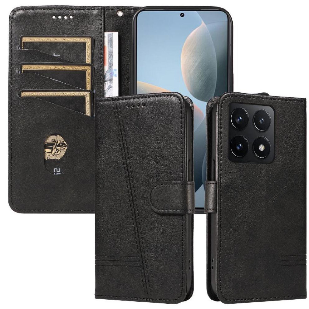 Photos - Case  Filp  for Xiaomi 14t with Credit Card Slot Pressed Pu Leather Detachable Black Bracelet Wallet Phone (Black)
