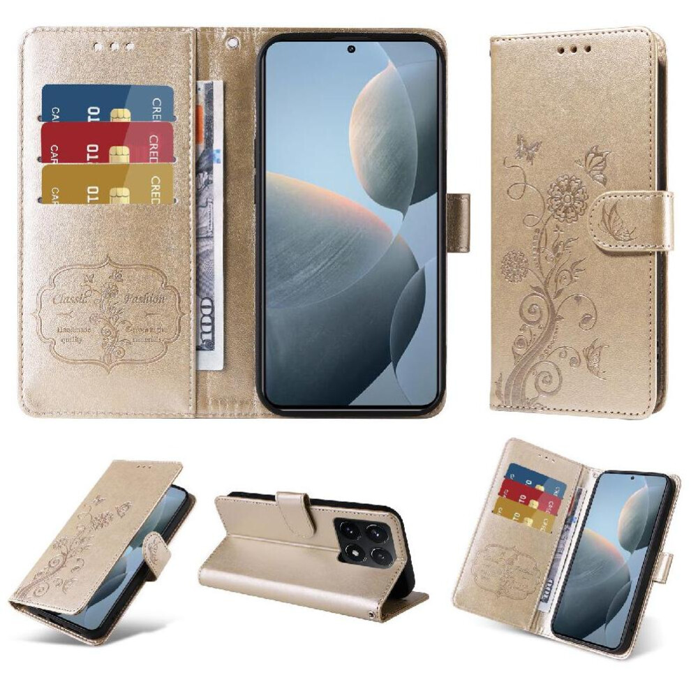 (Gold) Flip Case For Xiaomi 14T Pro Leather Cardslots Flower Flip Gold 764563465200