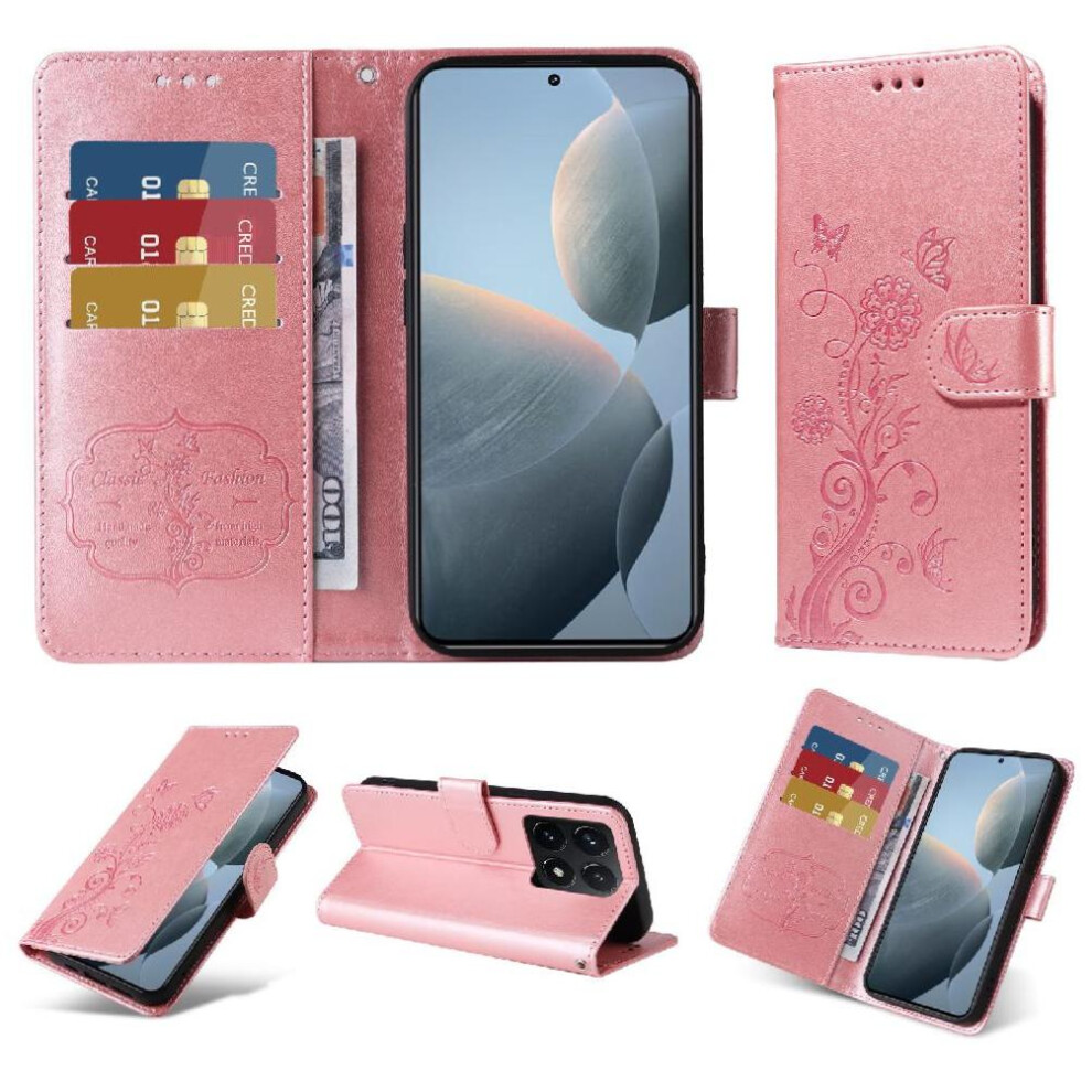 (Rose ) Flip Case For Xiaomi 14T Pro Leather Cardslots Flower Flip Gold 764563465217
