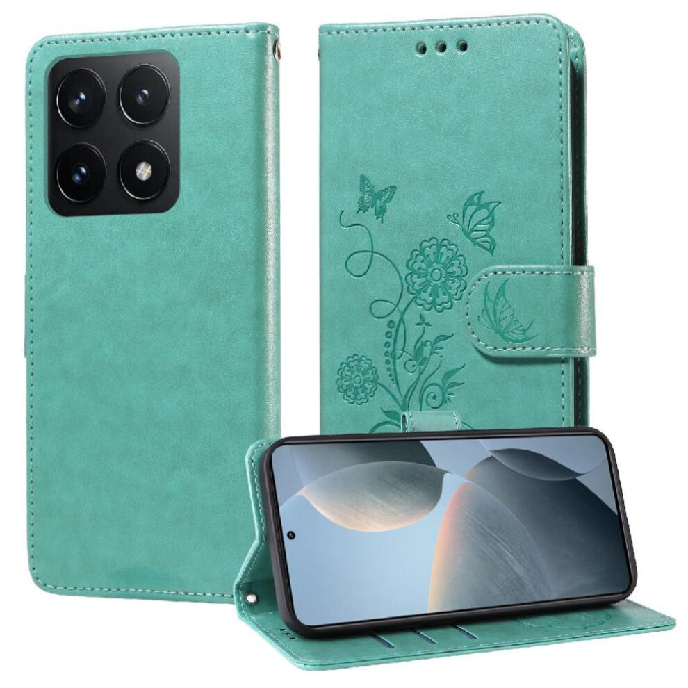 (Green) Flip Case For Xiaomi 14T Pro Leather Cardslots Flower Flip Green 764563465187