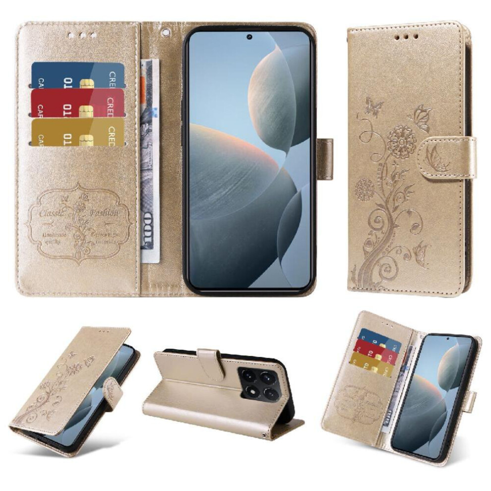 (Gold) Flip Case For Xiaomi 14T Cardslots Leather Flip Flower Gold 764563465255