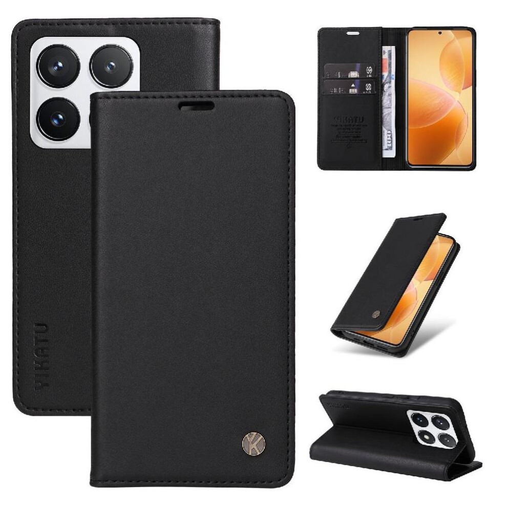 (Black) Flip Case For Xiaomi 14T Pro Strong Magnetic Attraction Faux Leather And Full Matte Tpu With Card Slots And Stand Functionality Black 764563465767