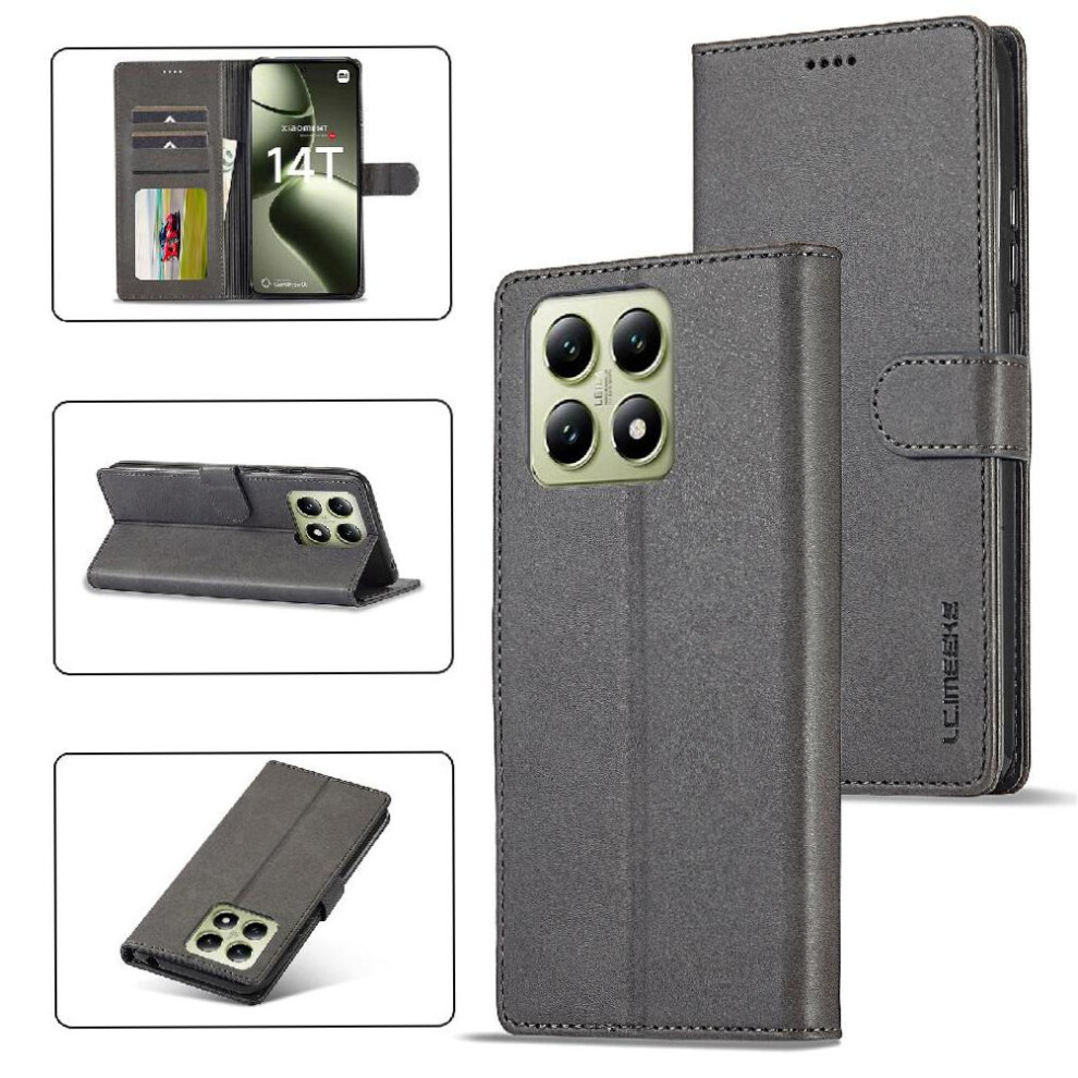 ( ) Flip Case For Xiaomi 14T Card Slots Wallet Calf Texture Horizontal Flip Leather Case With Holder Gray 764563466108