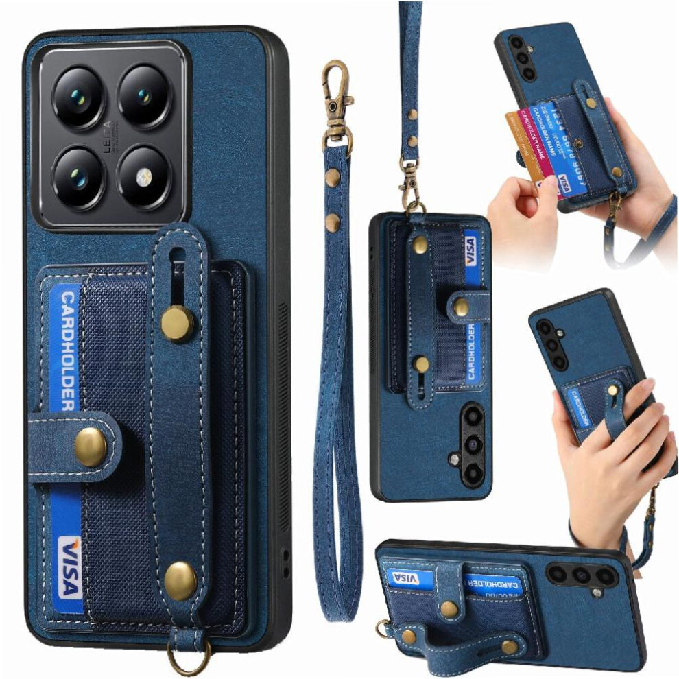 (Blue) Case For Xiaomi 14T Pro Strap Wristband Shockproof Wallet Blue 764563466511