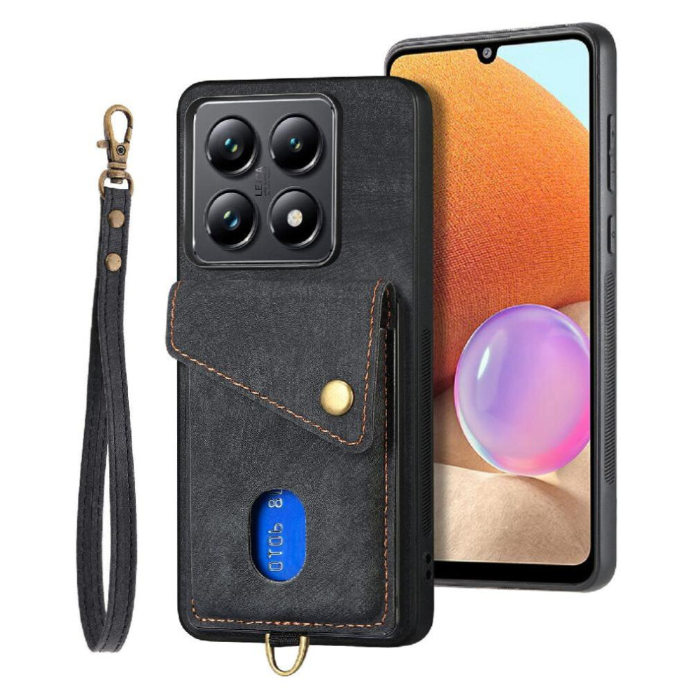 (Black) Case For Xiaomi 14T Magnetic Closure Premium Leather Detachable Lanyard Card Slot Multifunctional Black 764563466962