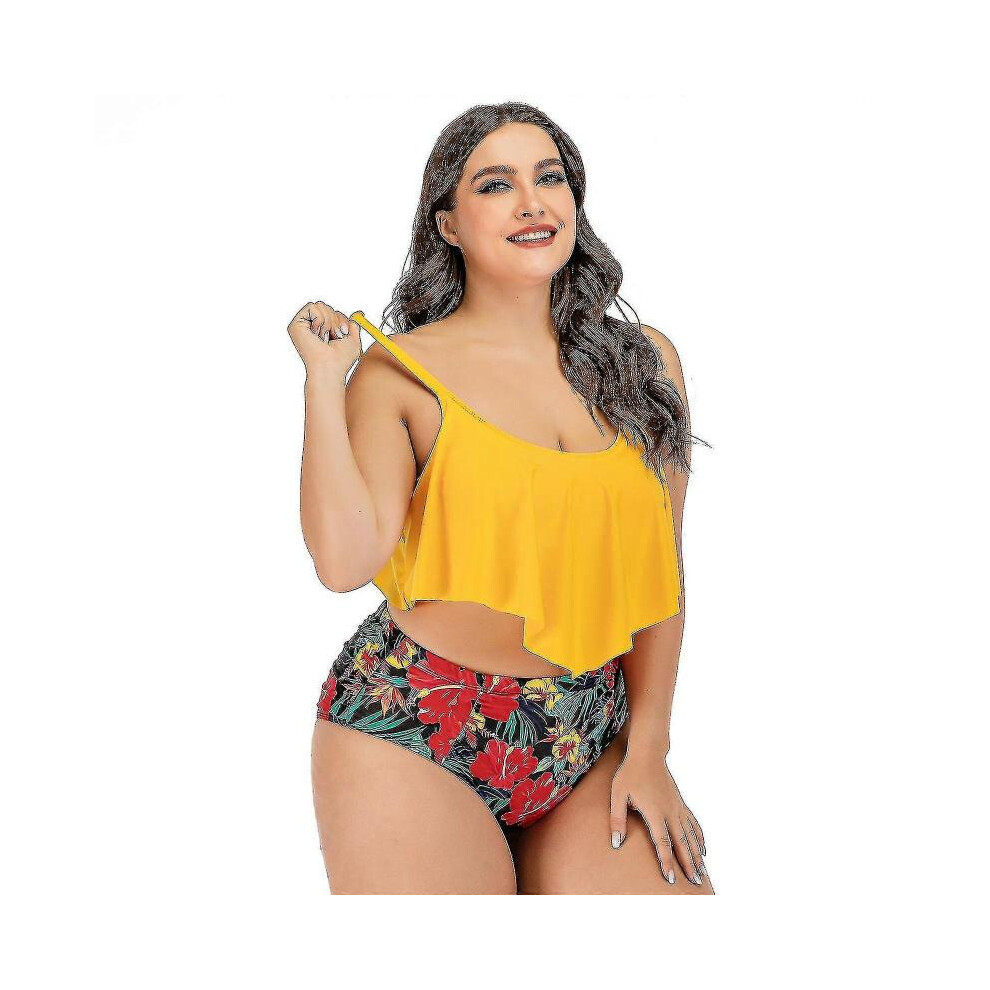 Maillot de bain taille haute fendu imprimé à volants pour femmes Bikini Beachwear Plus Size