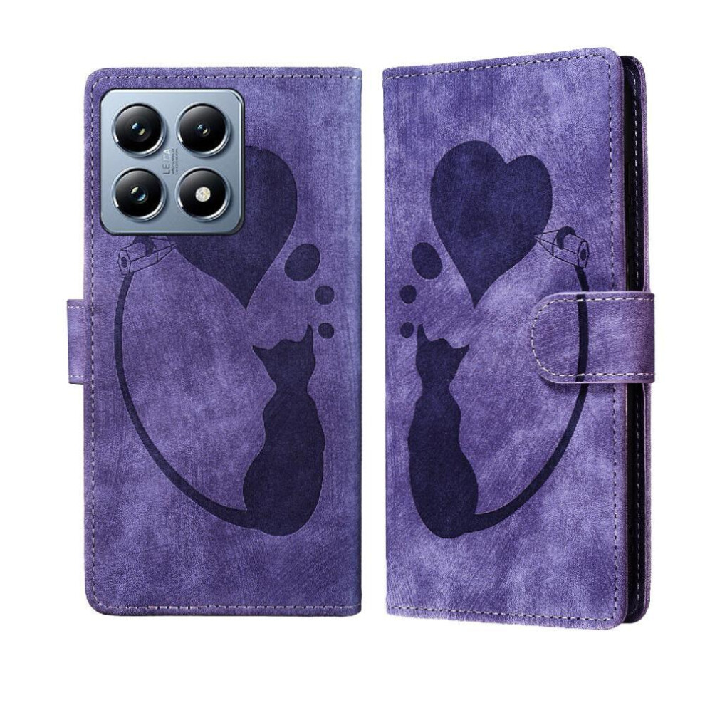 (Purple) Flip Case For Xiaomi 14T Embossed Cute Cat Wallet Case Card Pocket Flip Folio Holder Cover Purple 764563467839