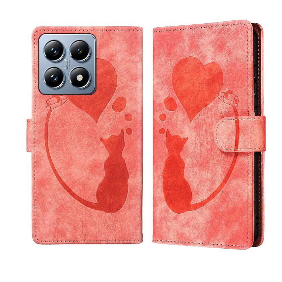(Pink) Flip Case For Xiaomi 14T Embossed Cute Cat Wallet Case Card Pocket Flip Folio Holder Cover Pink 764563467822