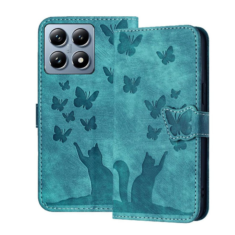 (Blue) Flip Case For Xiaomi 14T Flip Folio Embossed Butterfly Cat Holder Cover Wallet Case Card Pocket Blue 764563467501