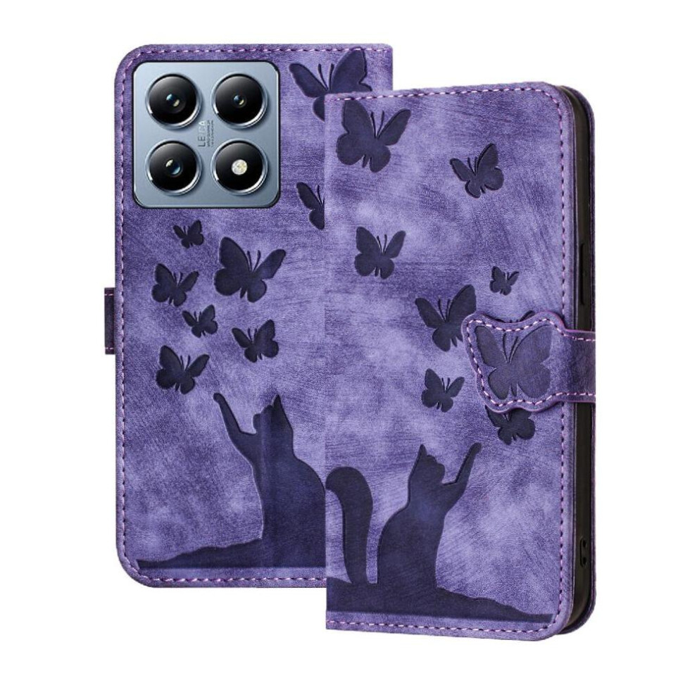 (Purple) Flip Case For Xiaomi 14T Flip Folio Embossed Butterfly Cat Holder Cover Wallet Case Card Pocket Purple 764563467471