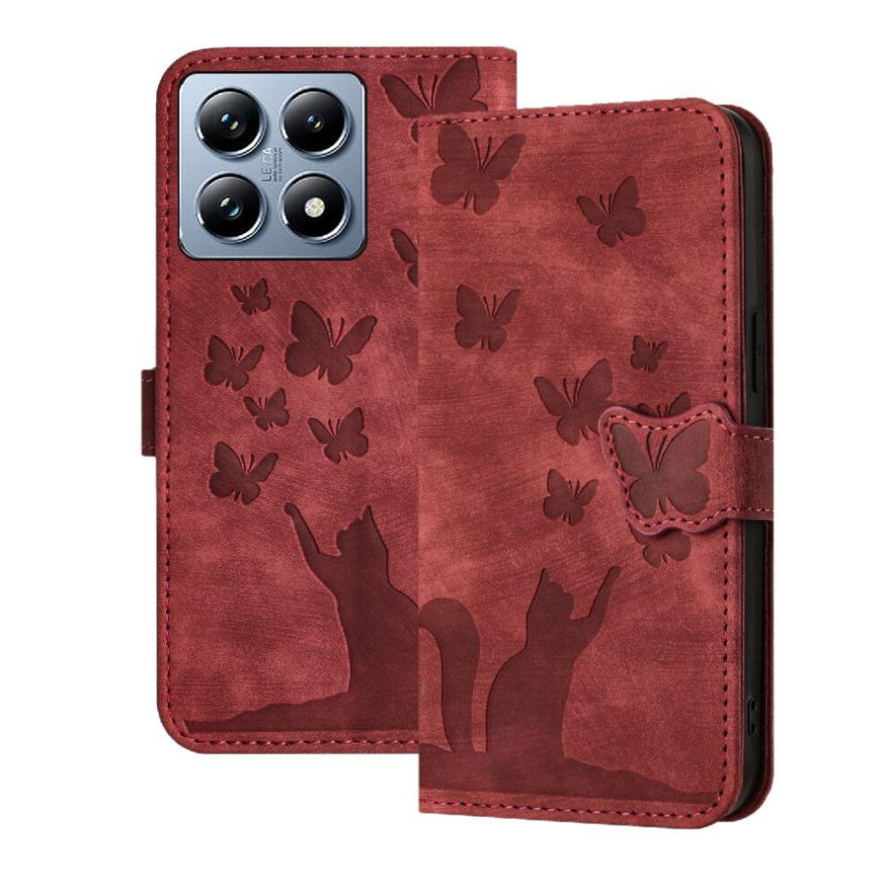 (Red) Flip Case For Xiaomi 14T Flip Folio Embossed Butterfly Cat Holder Cover Wallet Case Card Pocket Red 764563467488