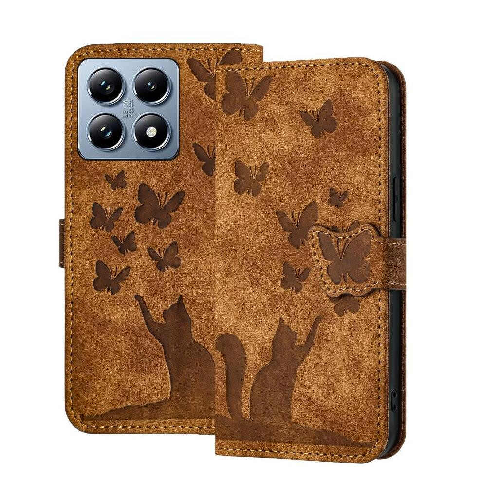 (Brown) Flip Case For Xiaomi 14T Flip Folio Embossed Butterfly Cat Holder Cover Wallet Case Card Pocket Brown 764563467518