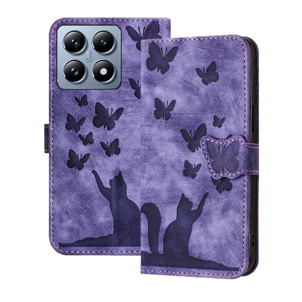 (Purple) Flip Case For Xiaomi 14T Pro Flip Folio Card Pocket Holder Cover Embossed Butterfly Cat Wallet Case Purple 764563467426