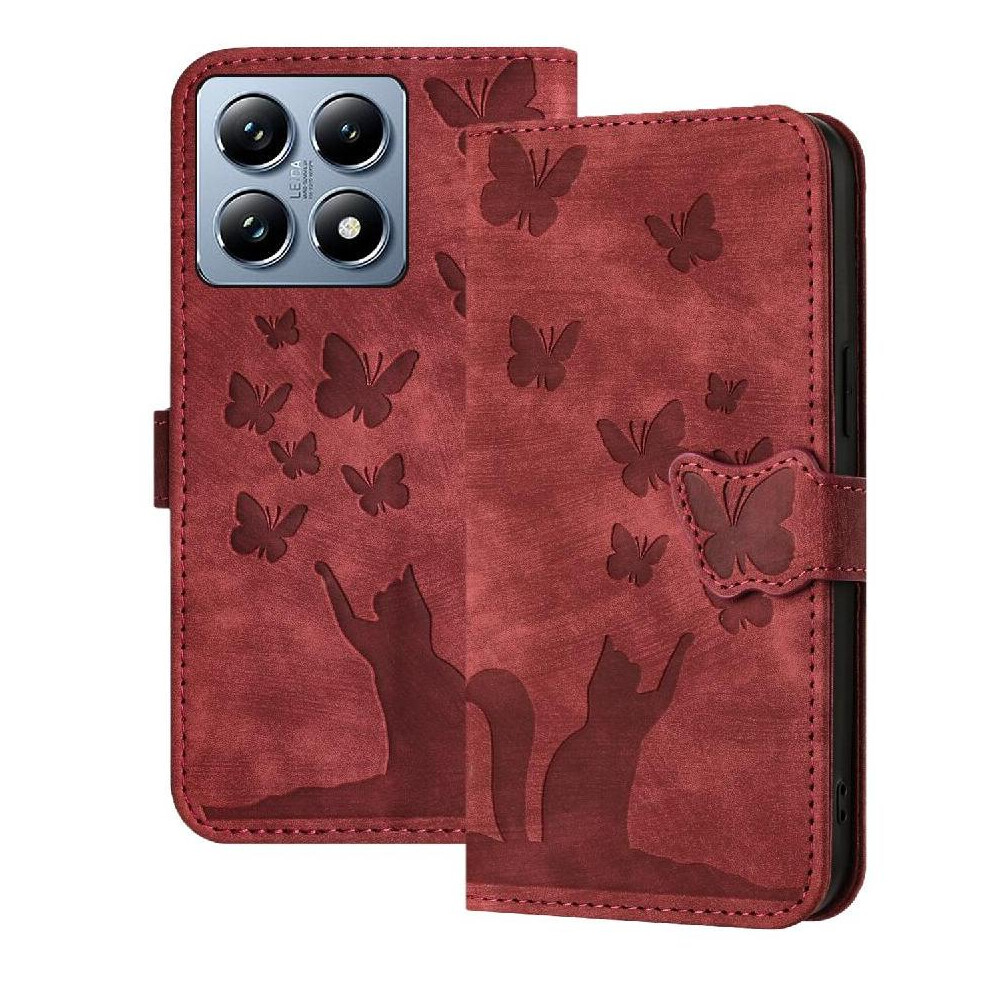 Photos - Case Flip for Xiaomi 14t Pro Flip Folio Card Pocket Holder Cover Embossed Butterfly Cat Wallet (Red)