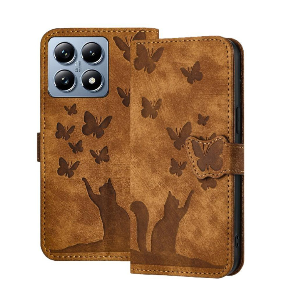 (Brown) Flip Case For Xiaomi 14T Pro Flip Folio Card Pocket Holder Cover Embossed Butterfly Cat Wallet Case Brown 764563467464