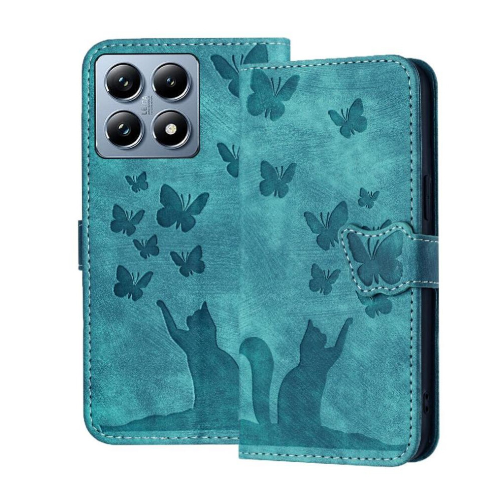 (Blue) Flip Case For Xiaomi 14T Pro Flip Folio Card Pocket Holder Cover Embossed Butterfly Cat Wallet Case Blue 764563467457