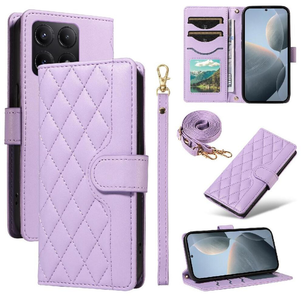 (Purple) Flip Case For Xiaomi 14T Lattice Flip Folio Phone Case With Stand Wallet Card Slots Detachable Wrist Strap And Long Lanyard Purple 764563468300