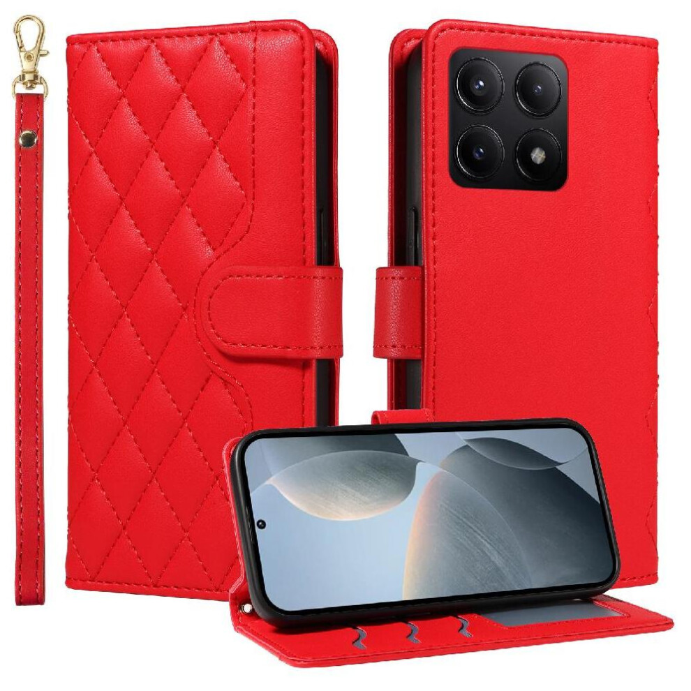 (Red) Flip Case For Xiaomi 14T Lattice Flip Folio Phone Case With Stand Wallet Card Slots Detachable Wrist Strap And Long Lanyard Red 764563468317