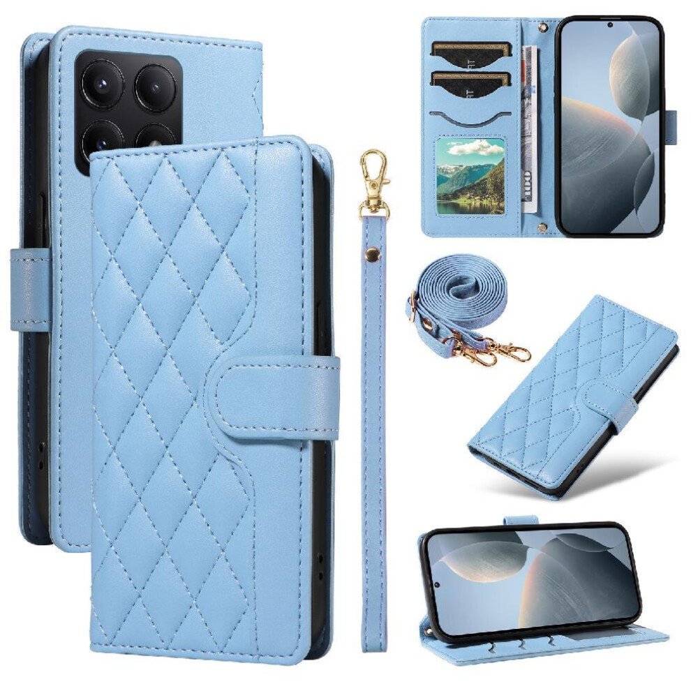 (Blue) Flip Case For Xiaomi 14T Lattice Flip Folio Phone Case With Stand Wallet Card Slots Detachable Wrist Strap And Long Lanyard Blue 764563468331