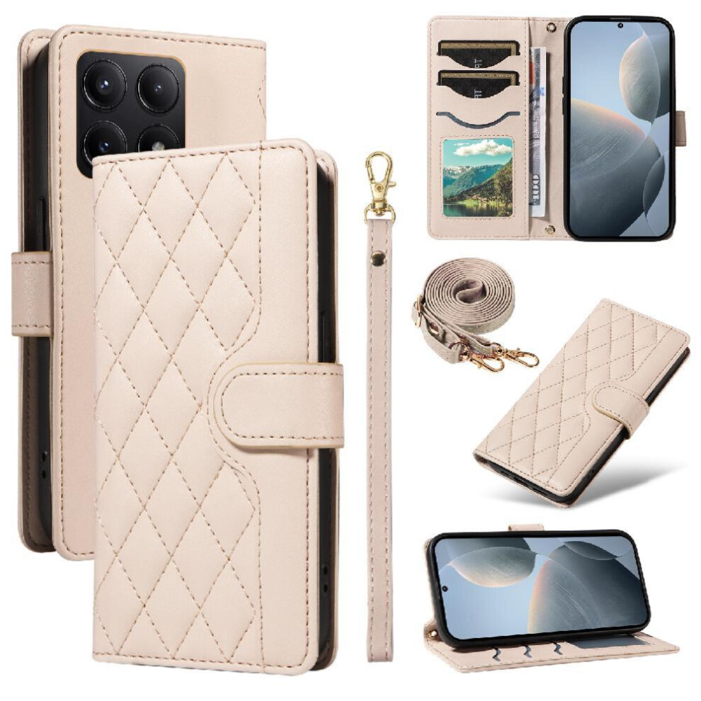 (Creamy ) Flip Case For Xiaomi 14T Lattice Flip Folio Phone Case With Stand Wallet Card Slots Detachable Wrist Strap And Long Lanyard White 764563468324
