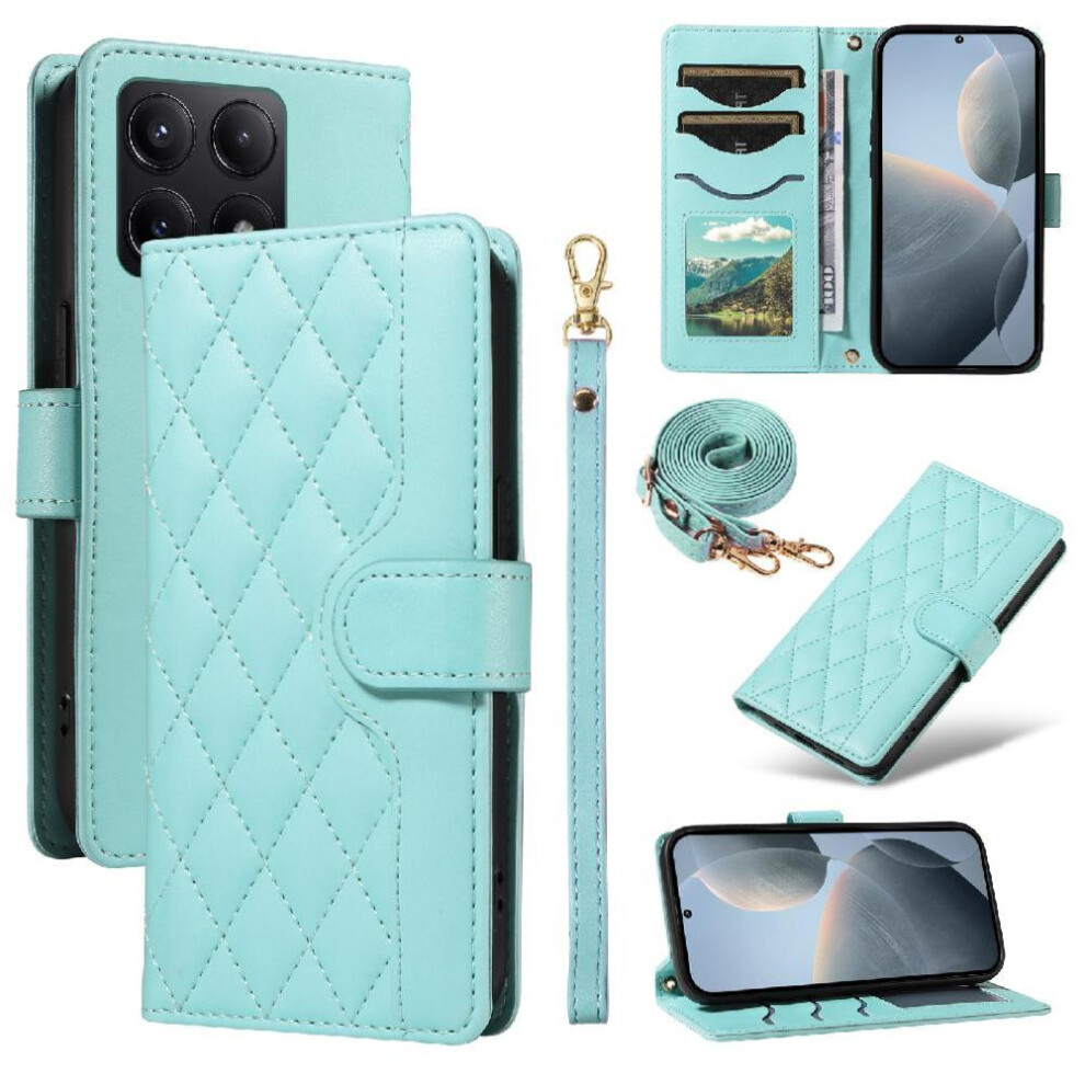 (Green) Flip Case For Xiaomi 14T Lattice Flip Folio Phone Case With Stand Wallet Card Slots Detachable Wrist Strap And Long Lanyard Green 764563468348