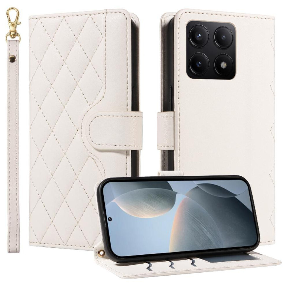 (White) Flip Case For Xiaomi 14T Lattice Flip Folio Phone Case With Stand Wallet Card Slots Detachable Wrist Strap And Long Lanyard White 764563468355