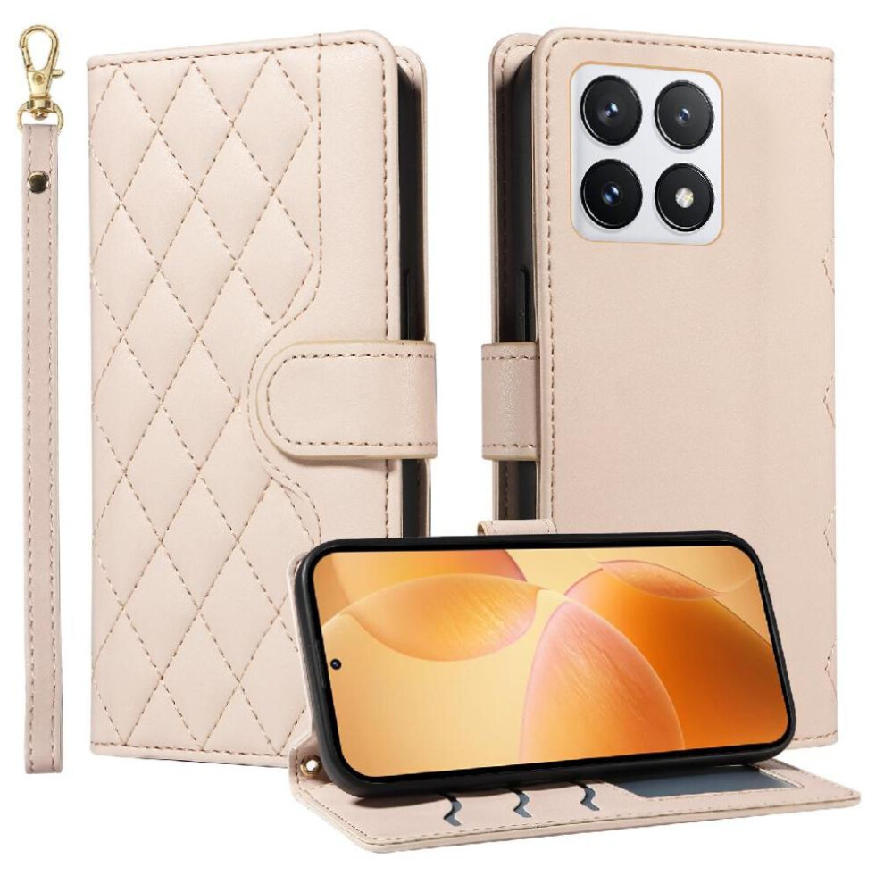 (Creamy ) Flip Case For Xiaomi 14T Pro Lattice Flip Folio Phone Case With Stand Detachable Wrist Strap And Long Lanyard Wallet Card Slots White 764563468249