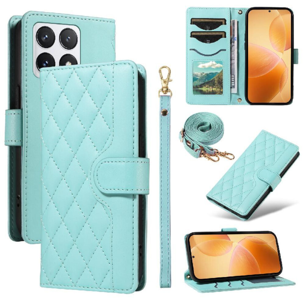 Photos - Case  Flip  for Xiaomi 14t Pro Lattice Flip Folio Phone  with Stand Detachable Wrist Strap and Long Lanyard Wallet(Green)