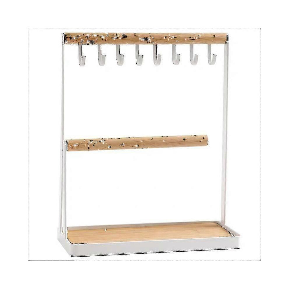 Wooden jewellery stand, multi-level organiser with necklace holder, tray for earrings and 8 hooks for necklaces.