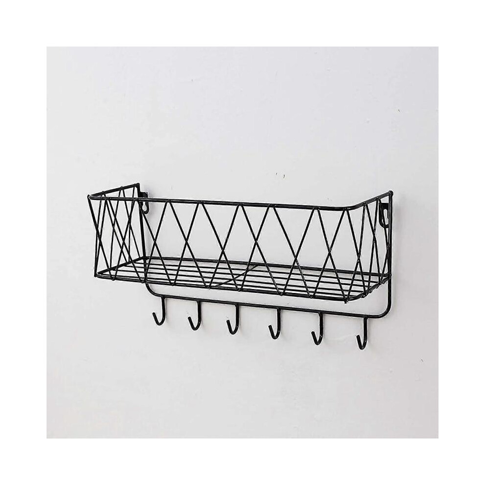 (6 Haken, Black) Wall Shelf Floating Shelf With Metal Grid, Wall Shelf With Hooks, Towel Rail, Wall Wardrobe Floating Home Decor