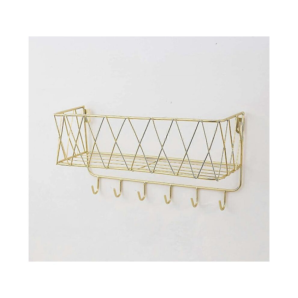(6 Haken, Golden) Wall Shelf Floating Shelf With Metal Grid, Wall Shelf With Hooks, Towel Rail, Wall Wardrobe Floating Home Decor