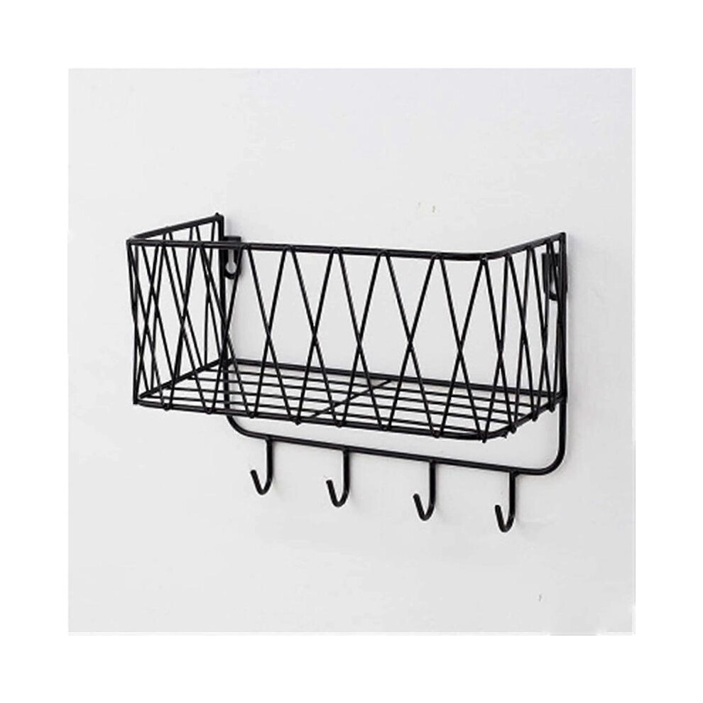 (4 Haken, Black) Wall Shelf Floating Shelf With Metal Grid, Wall Shelf With Hooks, Towel Rail, Wall Wardrobe Floating Home Decor