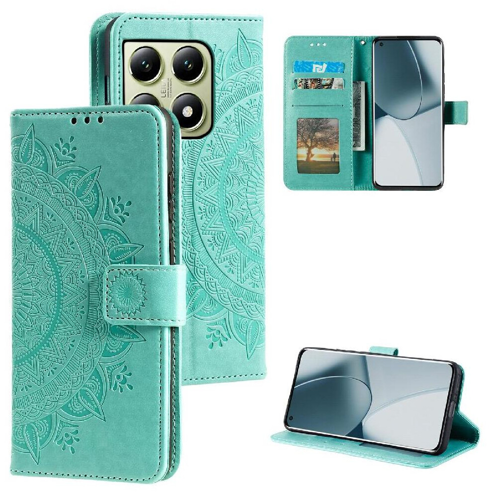 (Green) Flip Case For Xiaomi 14T Pu Leather Totem Embossing Kickstand Wallet Case Green 764563468942