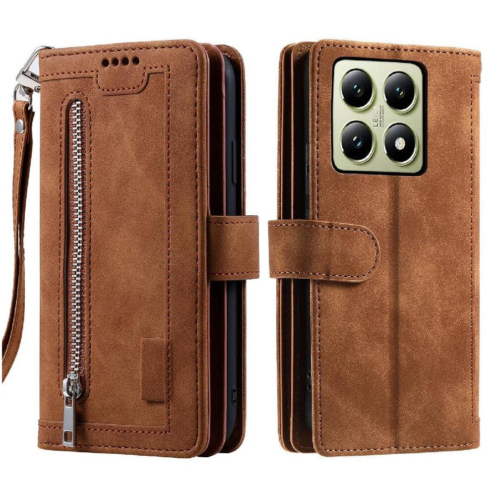 (Brown) Flip Case For Xiaomi 14T Pro Pu Leather Wallet Kickstand 9 Card Slots Lanyard Brown 764563469154