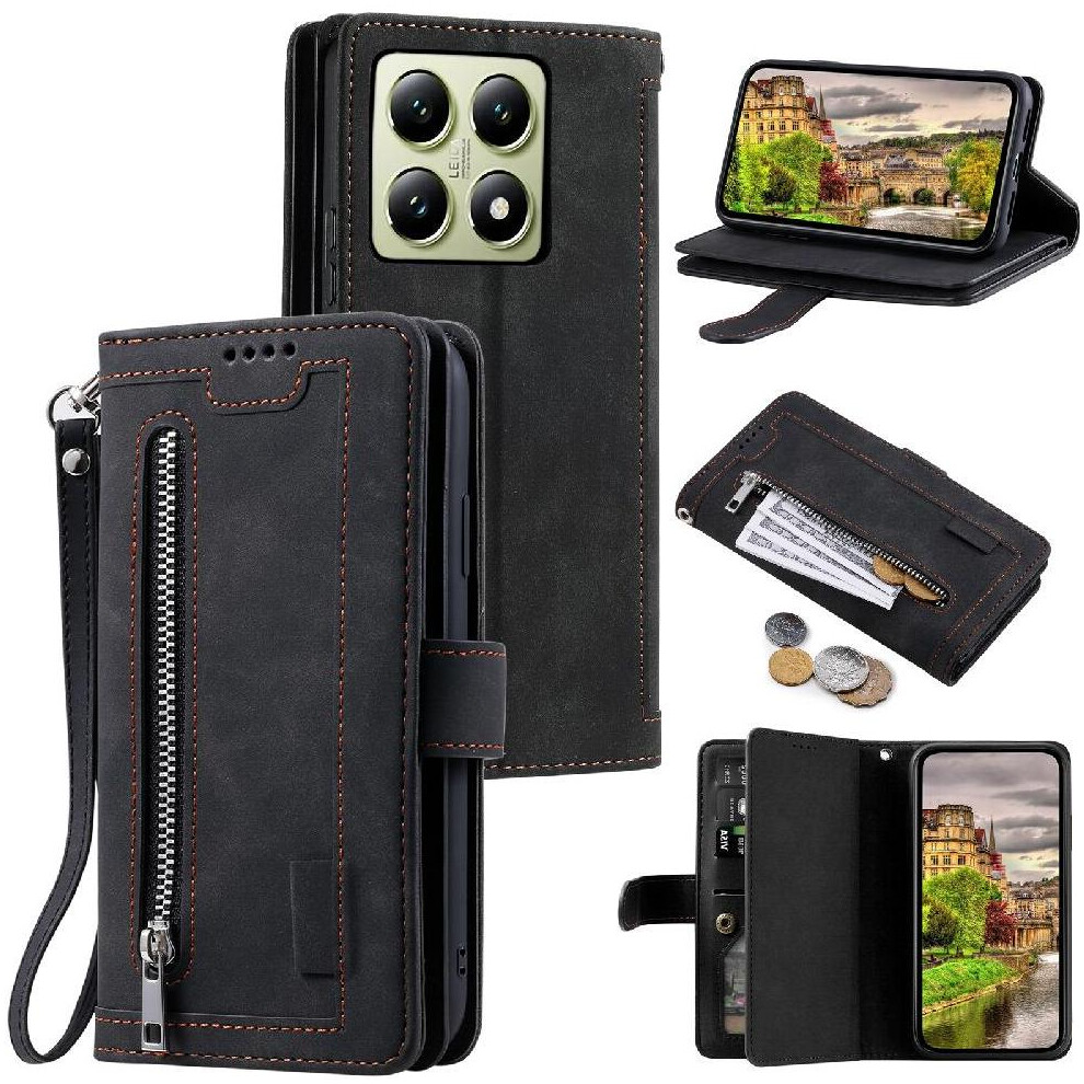 (Black) Flip Case For Xiaomi 14T Pro Pu Leather Wallet Kickstand 9 Card Slots Lanyard Black 764563469130
